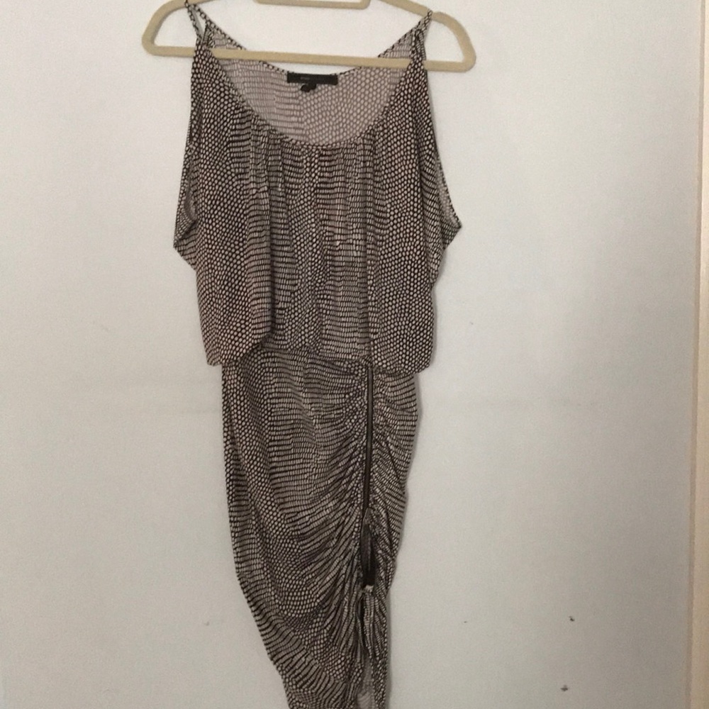 A BCBG asymmetrical brown print dress